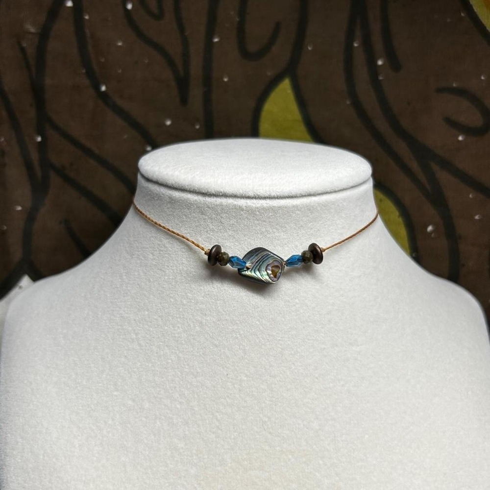 Abalone dainty necklace cord czech glass beachy adjustable blue cottagecore boho